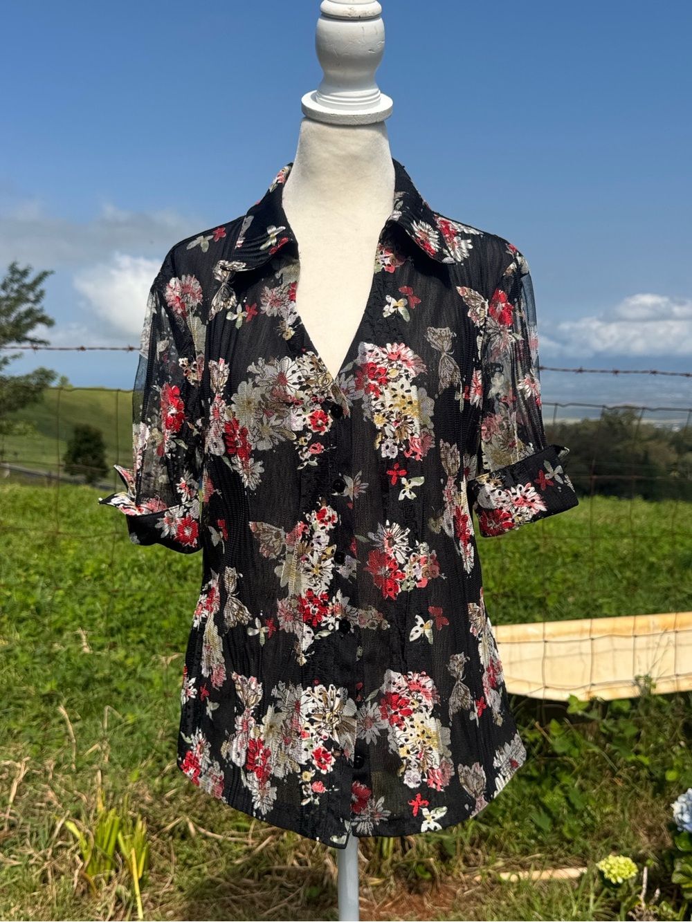 Y2K 90s Tribal Black Floral Sheer Crinkled Eyelet button up Top 12